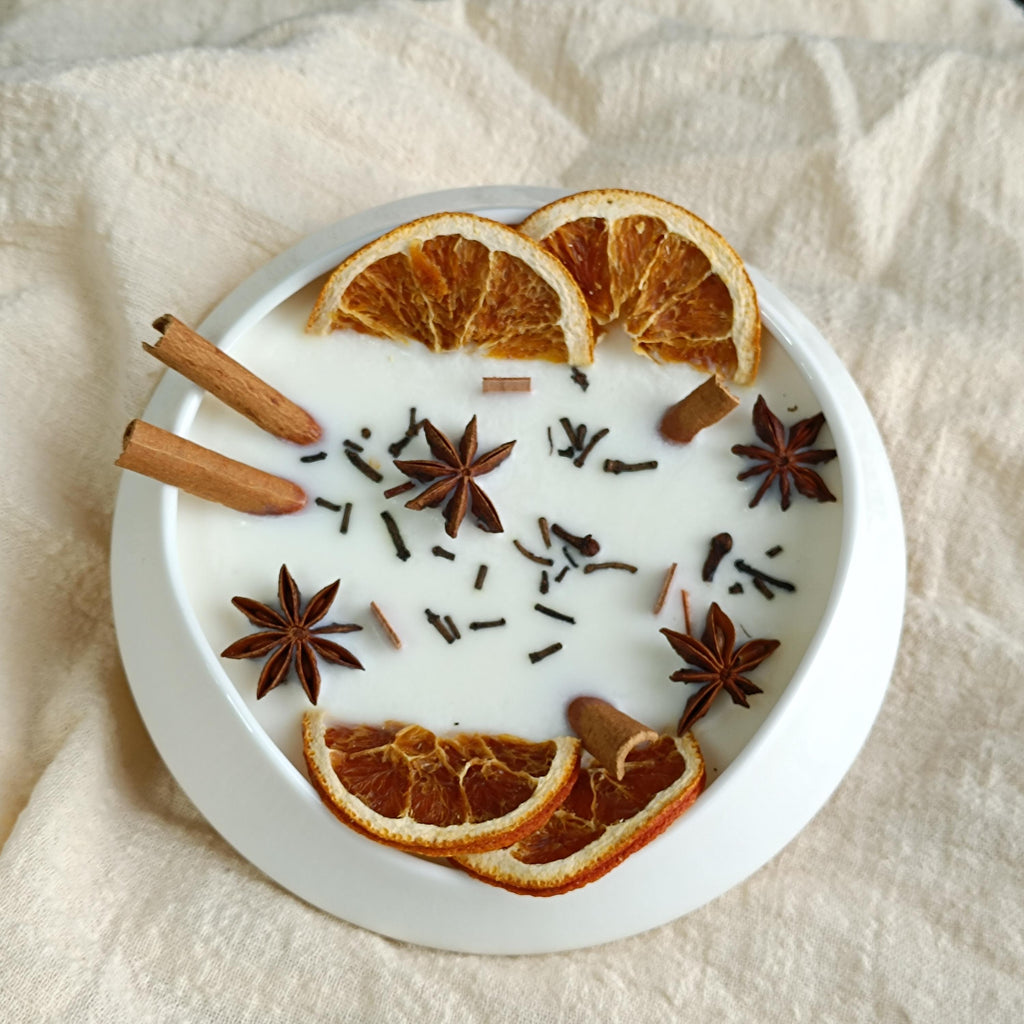 Cinnamon Orange Spice White Ceramics Bowl Candle, Wood Wick Soy Scent Candle Fall Decor, Halloween Witches Candle Christmas Gift for Her