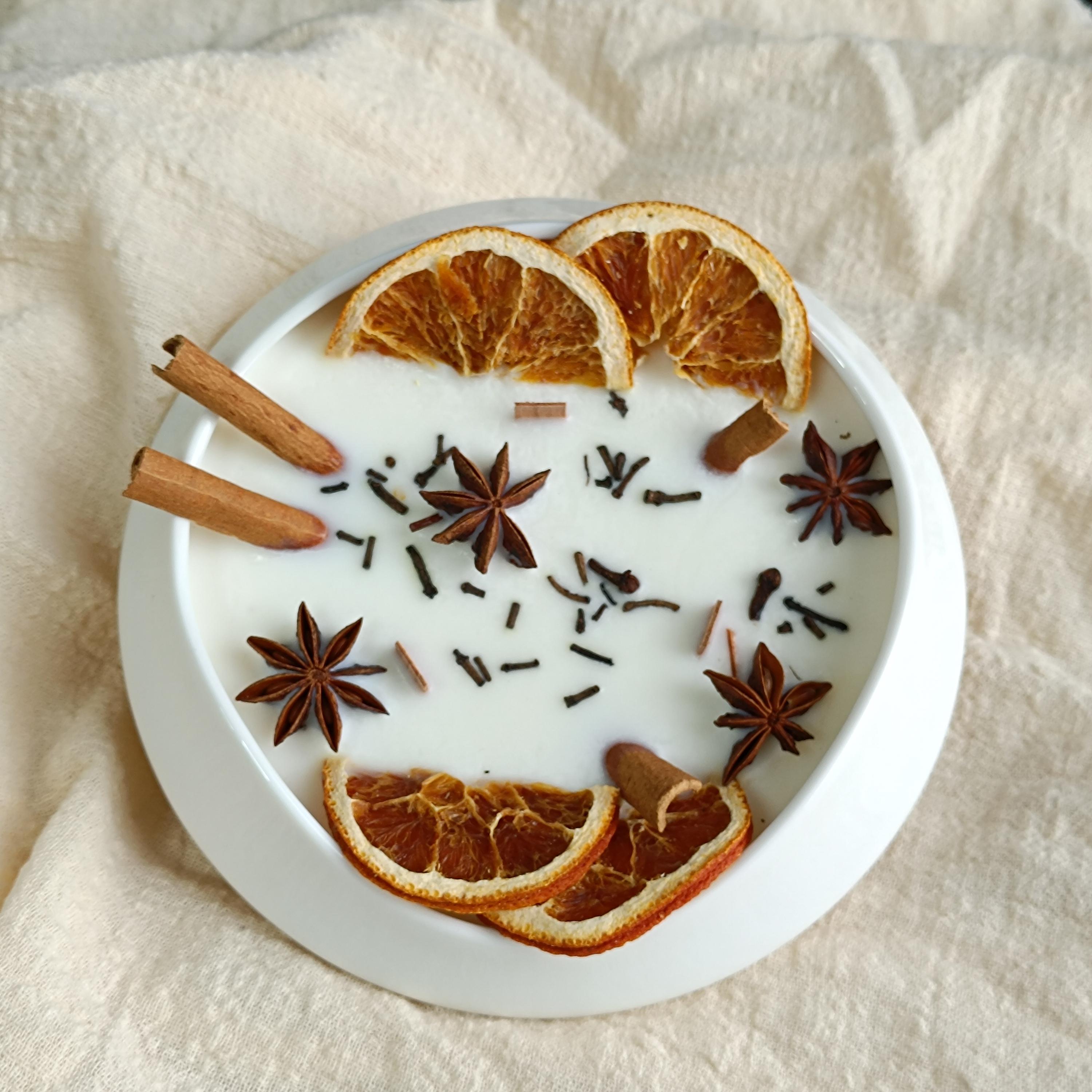 Cinnamon Orange Spice White Ceramics Bowl Candle, Wood Wick Soy Scent Candle Fall Decor, Halloween Witches Candle Christmas Gift for Her
