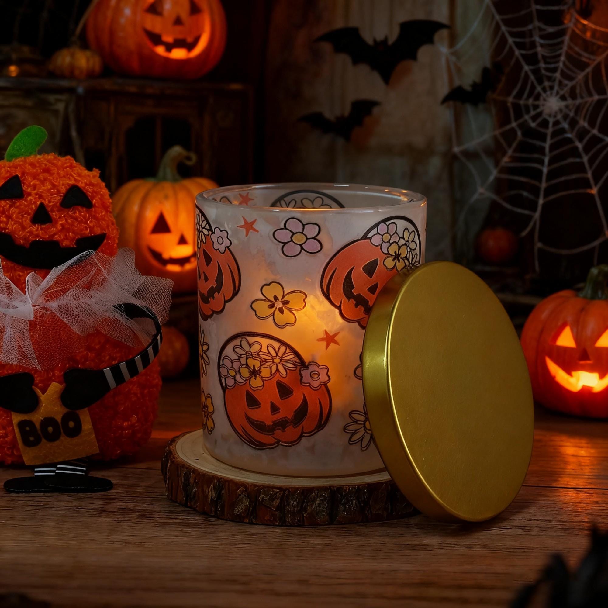 Halloween Frosted Glass Candle Holder | 4 Theme Ghost Night Light Set | Halloween Decorative Candle Light Home Decor