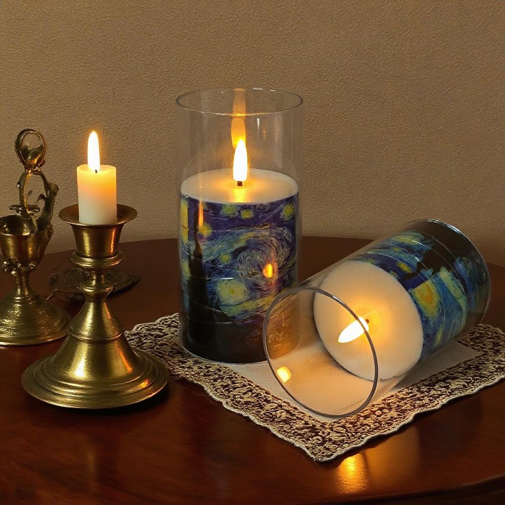 Van Gogh Starry Night Flameless Candles,Remote Control&Timer LED Candle,Battery Operated Pillar Candles for Birthday Gifts