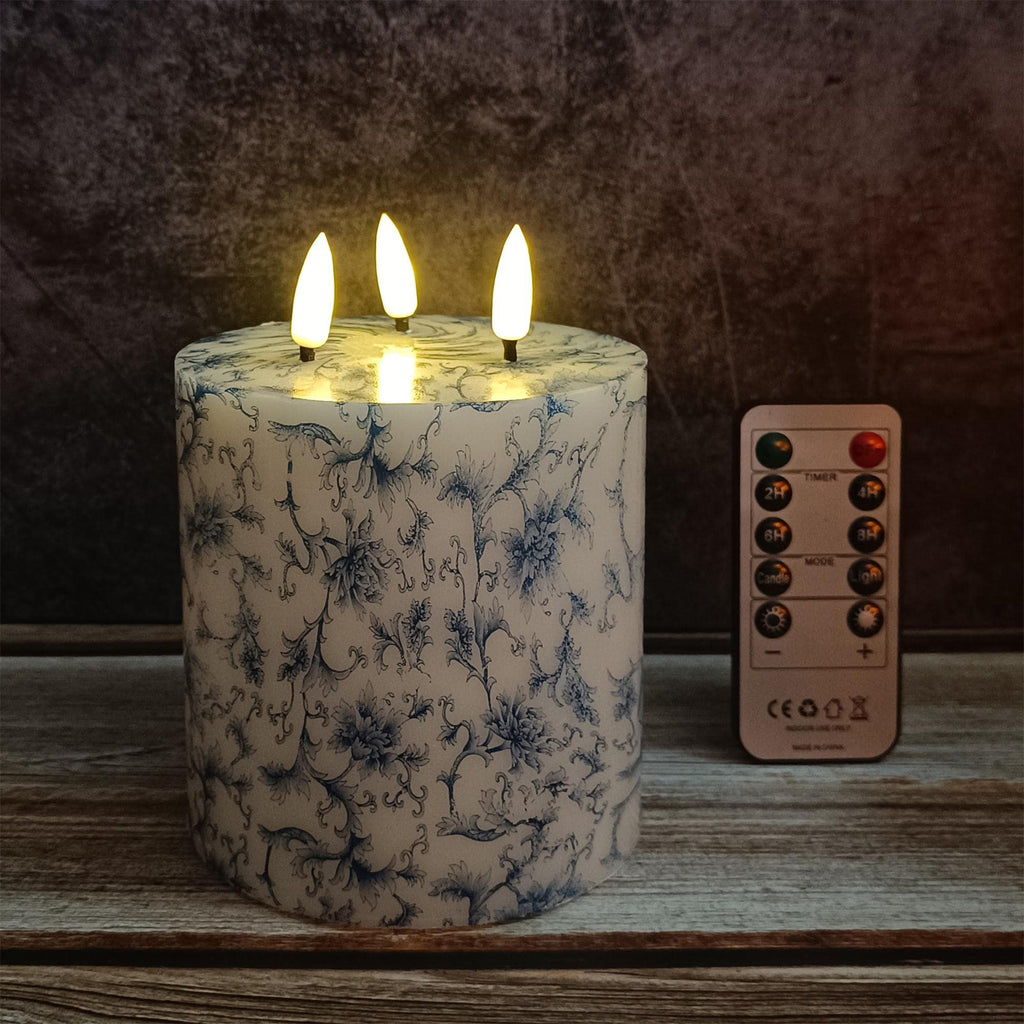 3 Wick Blue And White Floral Printed Flameless Candles,Flickering Flameless Candles,Battery Operated Candles,Housewarming Gift