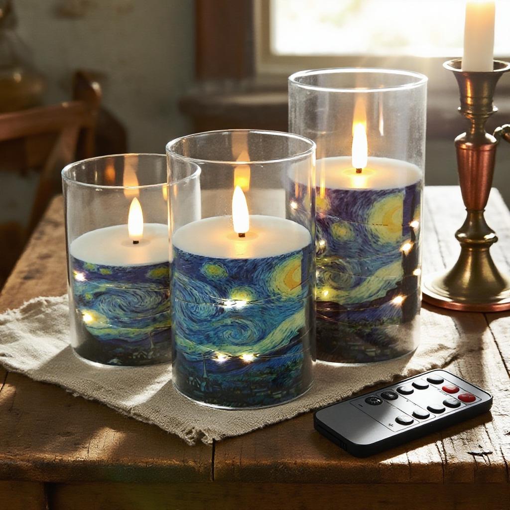 Van Gogh Starry Night Flameless Candles,Remote Control&Timer LED Candle,Battery Operated Pillar Candles for Birthday Gifts