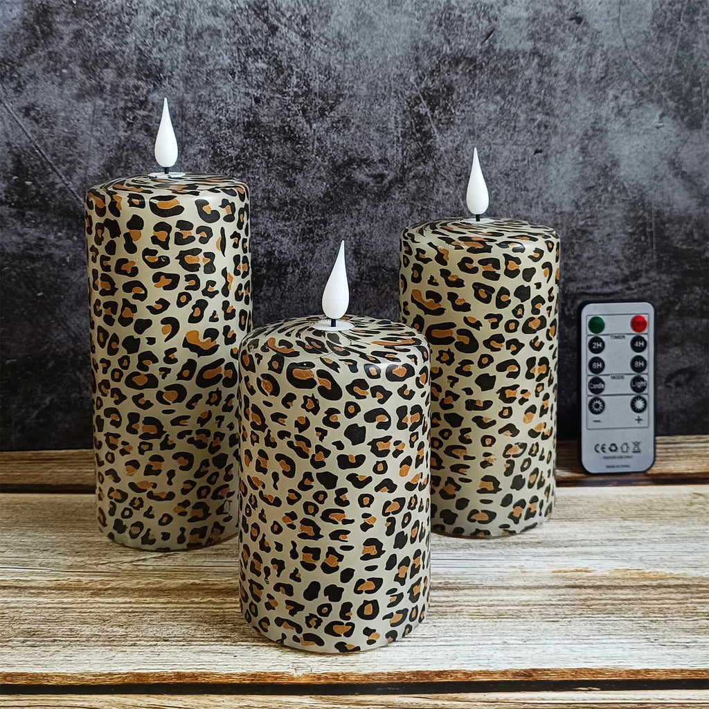 Leopard Printed Flameless Candles,5.1 Inch Led Pillar Candles,Flickering Flameless Candles,Battery Operated Candles,Housewarming Gift