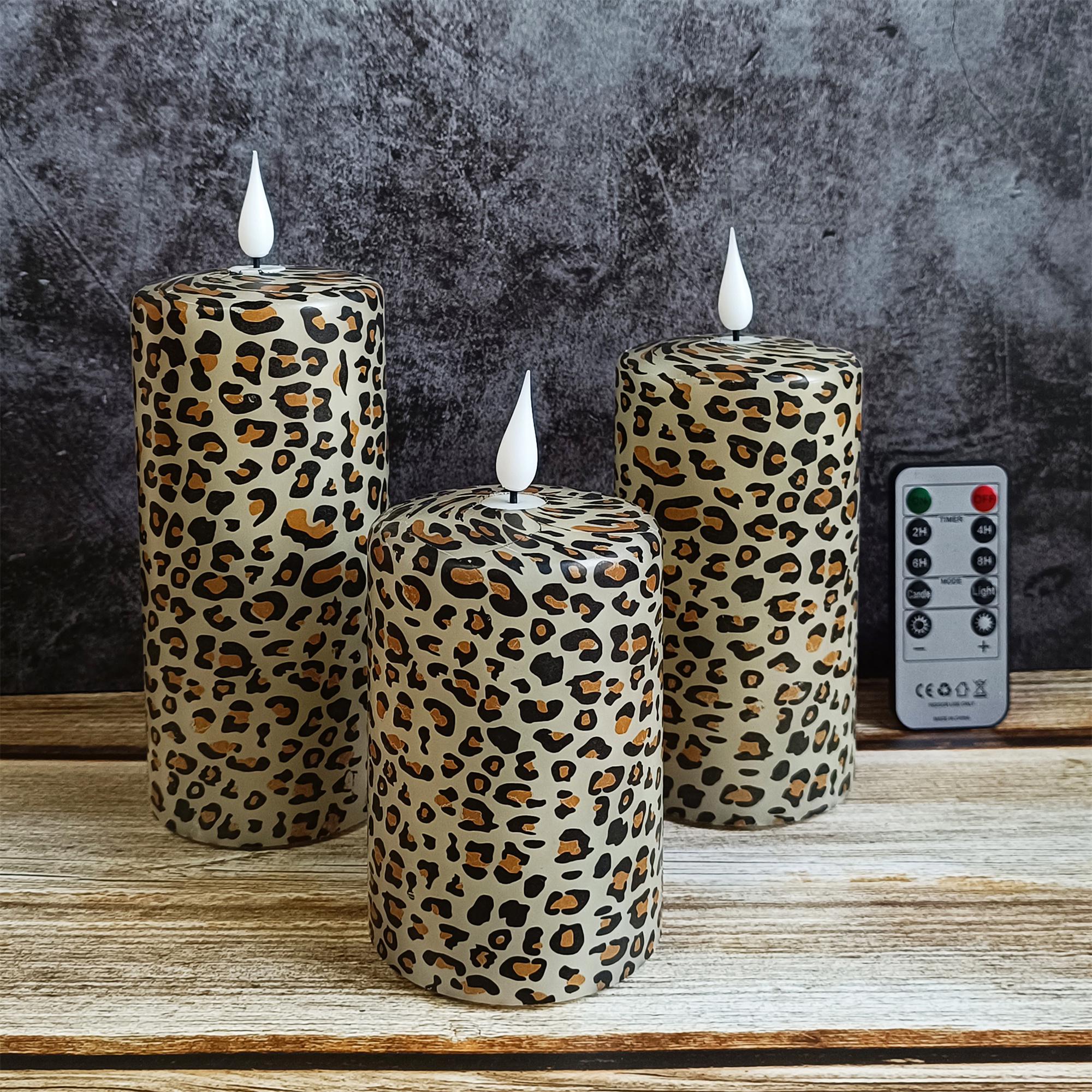 Leopard Printed Flameless Candles,5.1 Inch Led Pillar Candles,Flickering Flameless Candles,Battery Operated Candles,Housewarming Gift