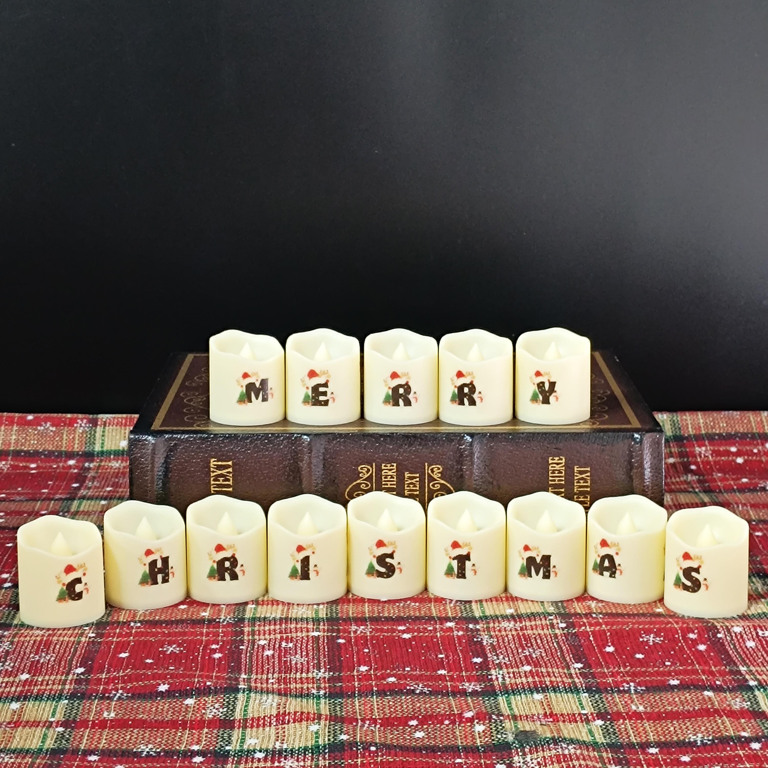 Christmas Tree Alphabet Tea Lights 14 PC Set with Batteries, Red Green Flameless Tealight Candles Decor Christmas Gift