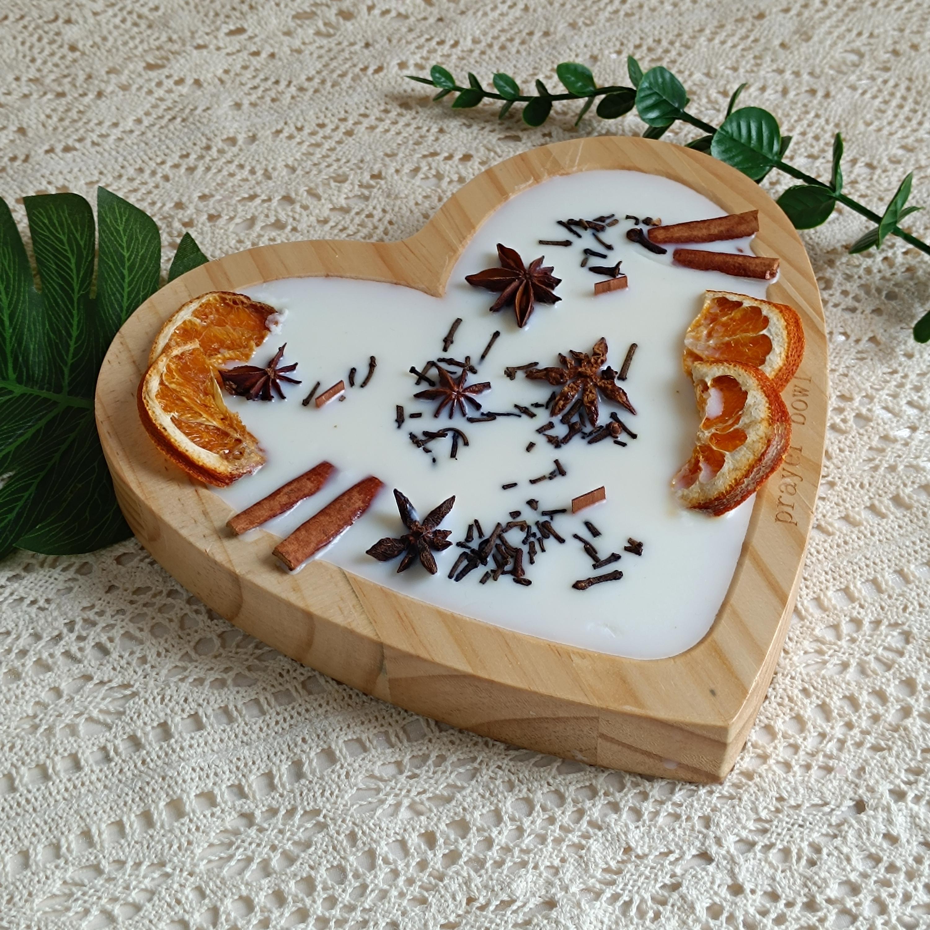 Orange Cinnamon Soy Candle in Heart Dough Bowl - Handmade Home Decor