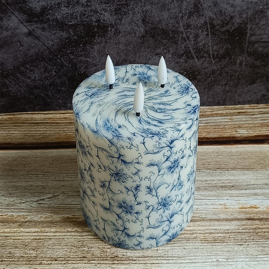 3 Wick Blue And White Floral Printed Flameless Candles,Flickering Flameless Candles,Battery Operated Candles,Housewarming Gift
