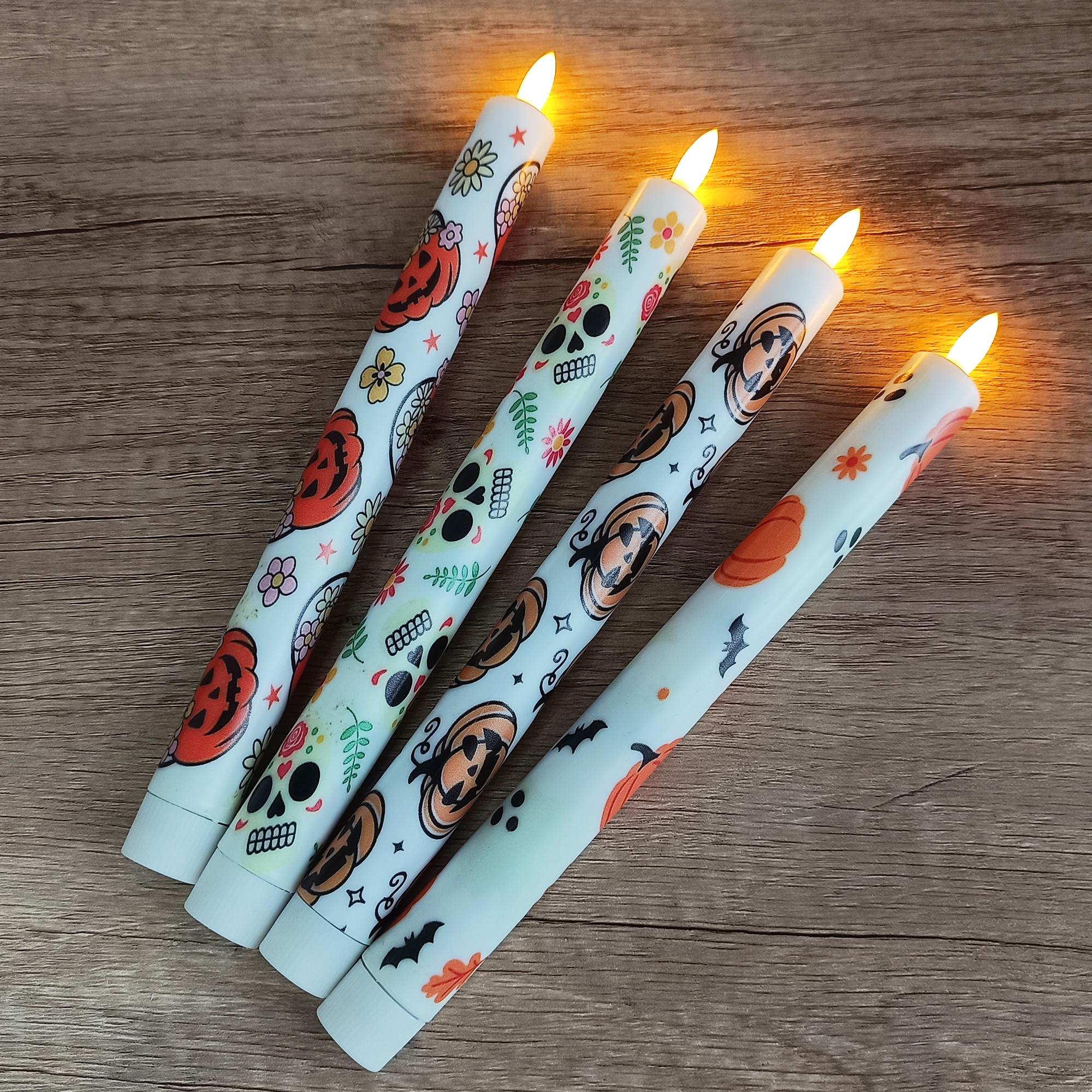 10" Halloween Flameless LED Taper Candles, Battery Timer Candles Pumpkin Skull Candlestick Halloween Party Decor Birthday Gift