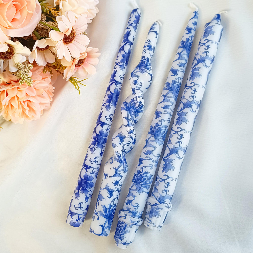 Spiral Candle Sticks Printed Taper Candlestick,2PC Blue Flower Tapered Candle ,Valentine's Gift,Dinner Decor,blue and white Taper Candle