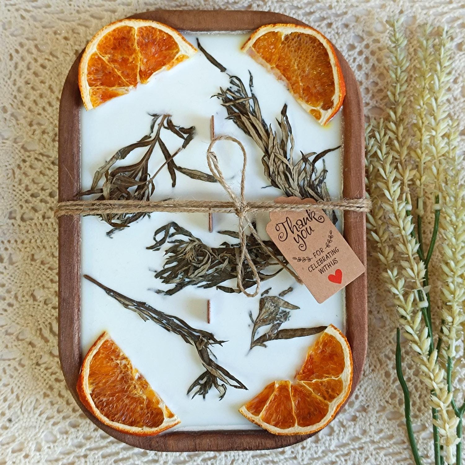 Mugwort Orange Dough Bowl Candle | 3-Wick Soy Wax Candle in Reclaimed Wood | Herbaceous Citrus Scent Home Decor | Housewarming Gift
