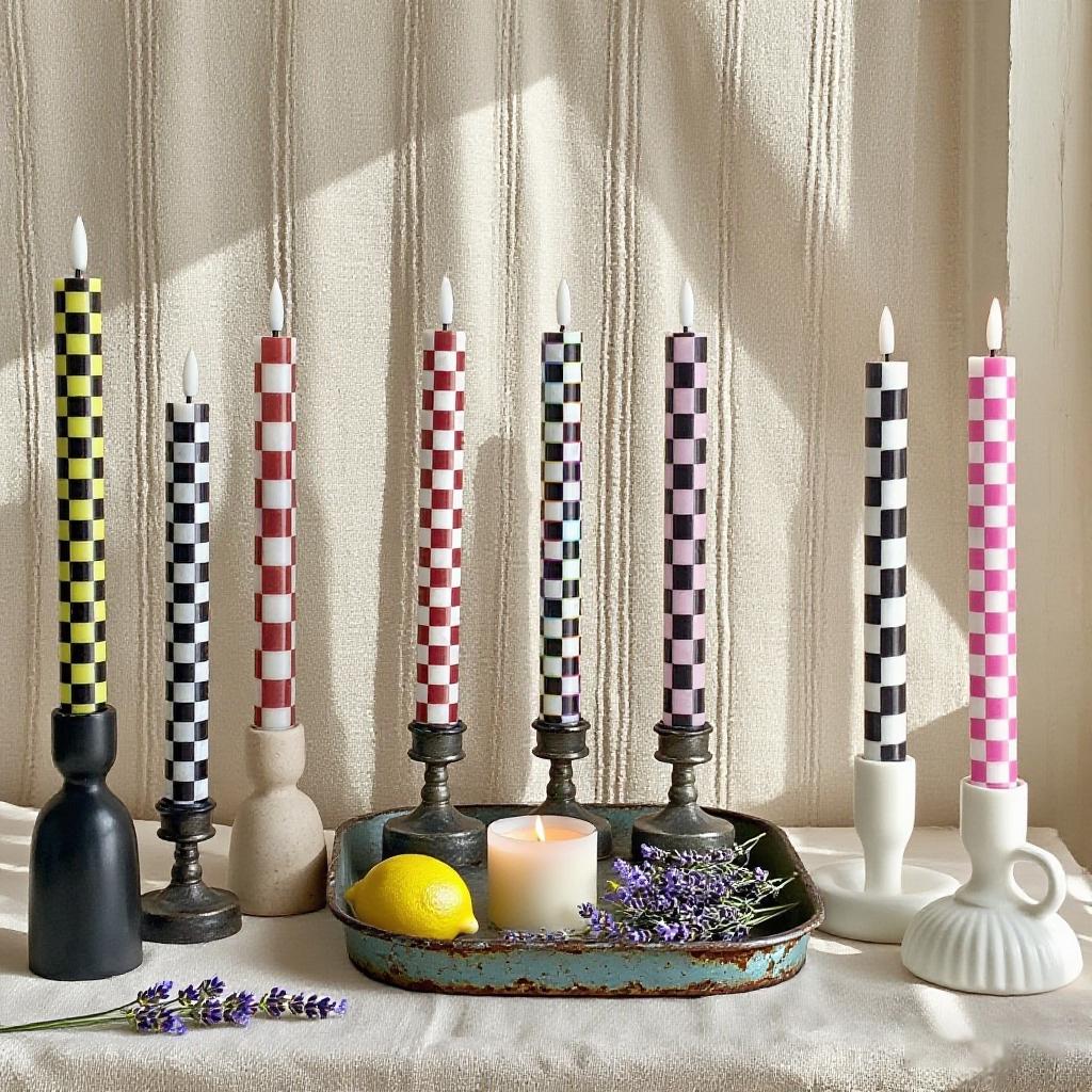 Checkerboard LED Taper Candles,Remote Control with Timer,Flameless Home Decor Dinner Gift