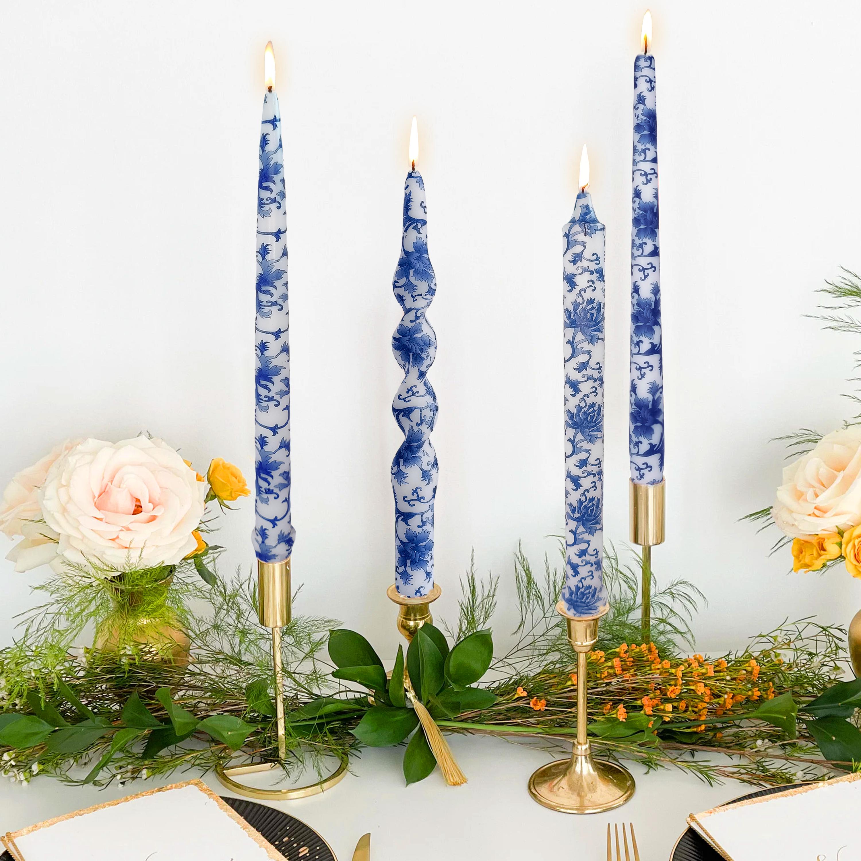 Spiral Candle Sticks Printed Taper Candlestick,2PC Blue Flower Tapered Candle ,Valentine's Gift,Dinner Decor,blue and white Taper Candle