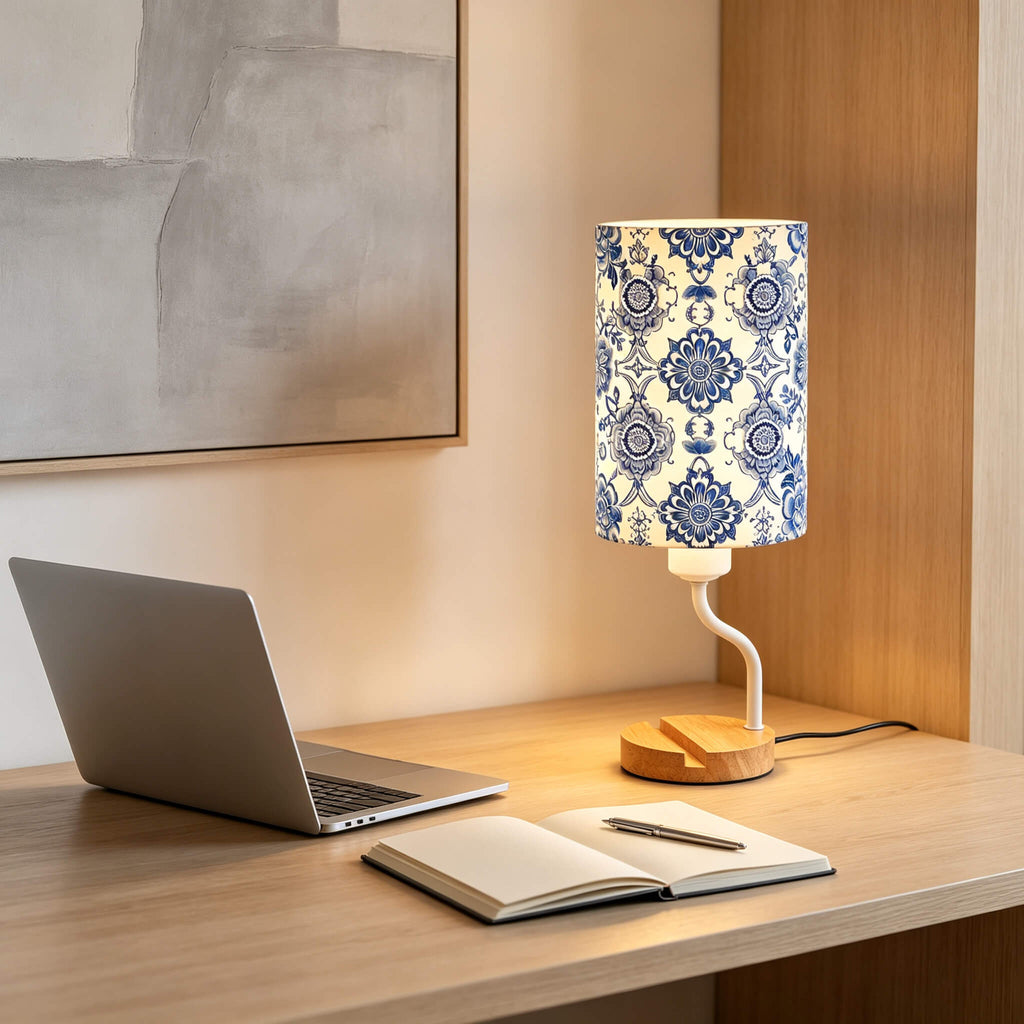 Blue & White Porcelain PLA Eco-Friendly Table Lamp 🎐 3-Button Dimmable Bedside Lamp with Phone Stand, Oriental Floral Home Decor Gift