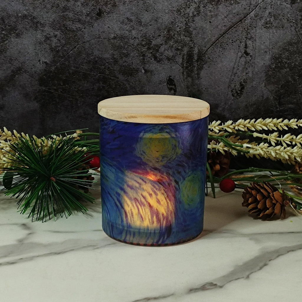 Van Gogh Starry Night Bamboo Lid Lamp | Swirling Sky Night Light | Artistic Decorative Candle Light Home Decor