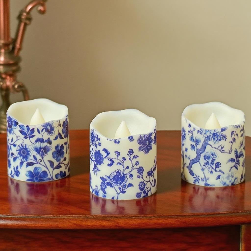 200Hrs Blue and white Porcelain Tea Light,Flameless Flickering Elegant Vintage Candles for Dinner Wedding Home Decor