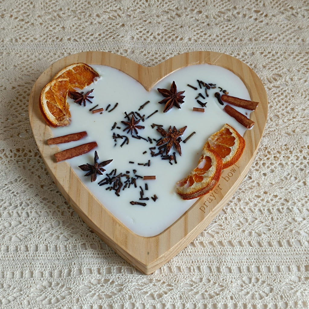 Orange Cinnamon Soy Candle in Heart Dough Bowl - Handmade Home Decor