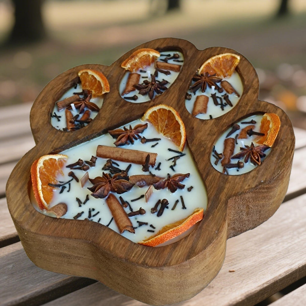 Paw Print Soy Candle: Handmade Dough Bowl Candle with Wooden Wick