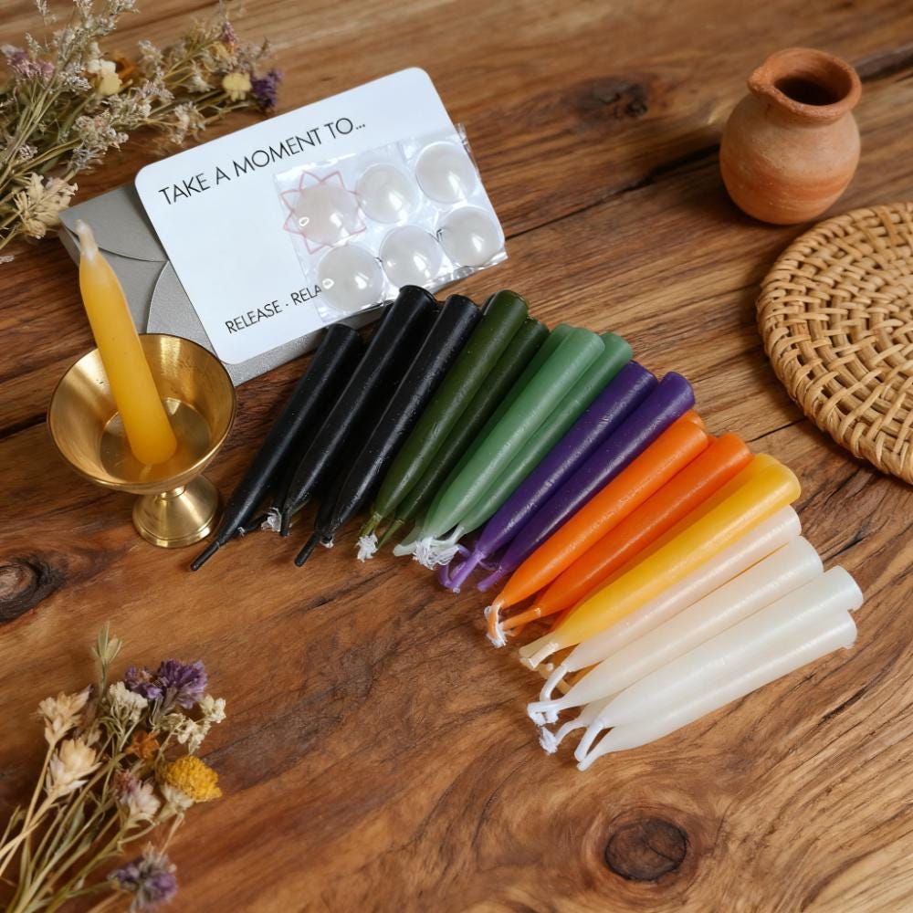 Ritual/Chime/Spell/Candles, Multi Color Beeswax Taper Candles, 2.5" Hand-Dipped Meditation Prayers Candles with Holder, 35pcs