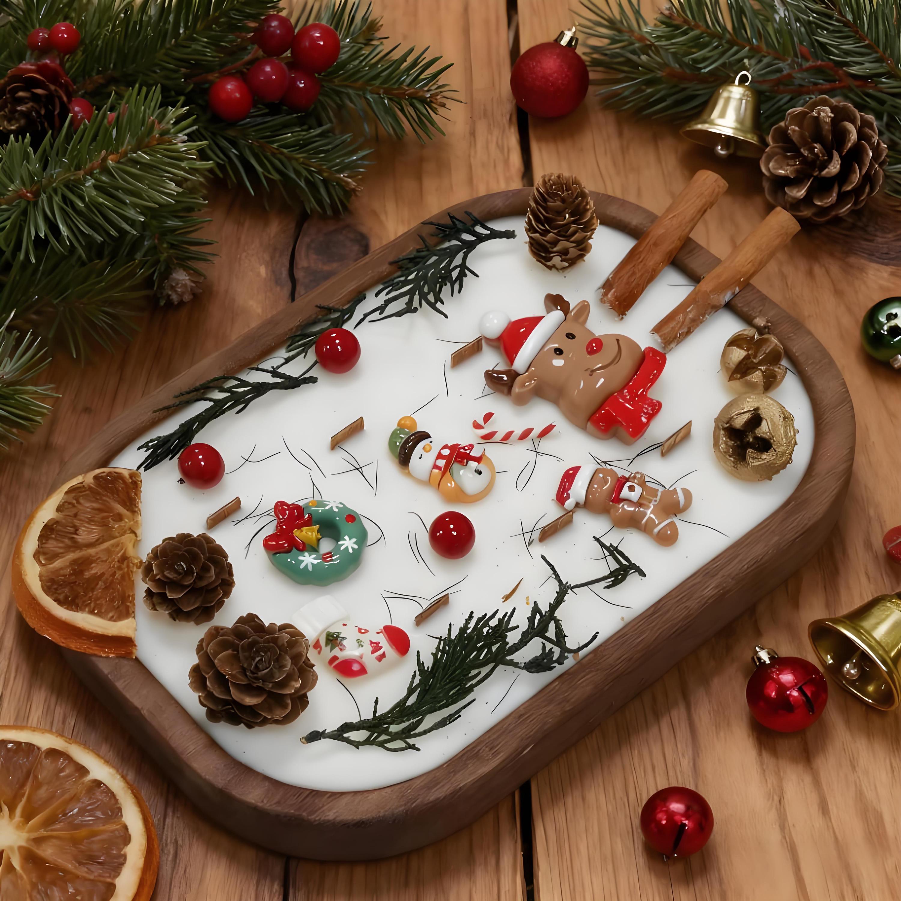 Christmas Dough Bowl Candle, Santa/Reindeer/Snowman Orange Cinnamon Scented Candle, 6 Wood Wick Handmade Candle, Holiday Housewarming Gift