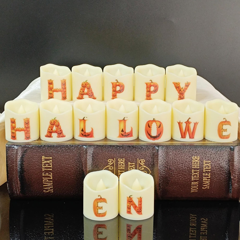 Pumpkin Alphabet LED Tea Lights,14PCS 1.6" Flameless candles for Halloween Party Decor Dinner