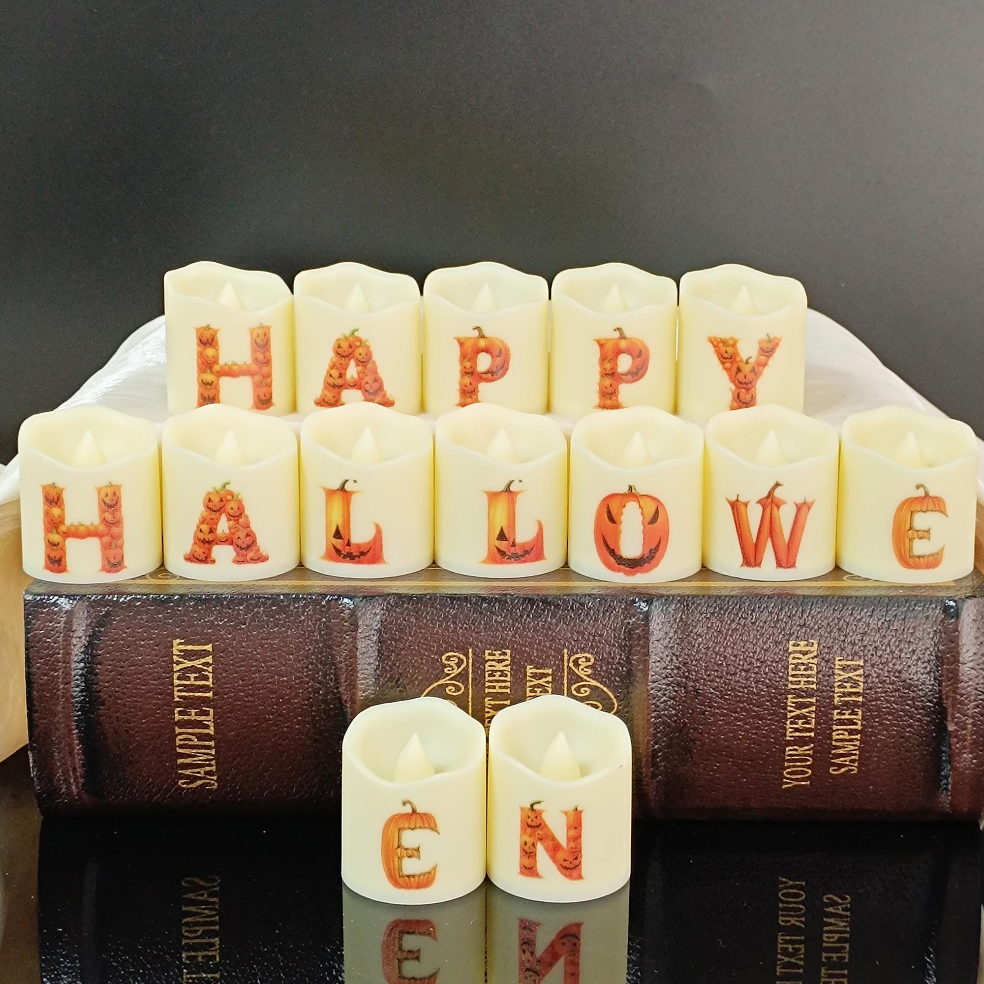 Pumpkin Alphabet LED Tea Lights,14PCS 1.6" Flameless candles for Halloween Party Decor Dinner