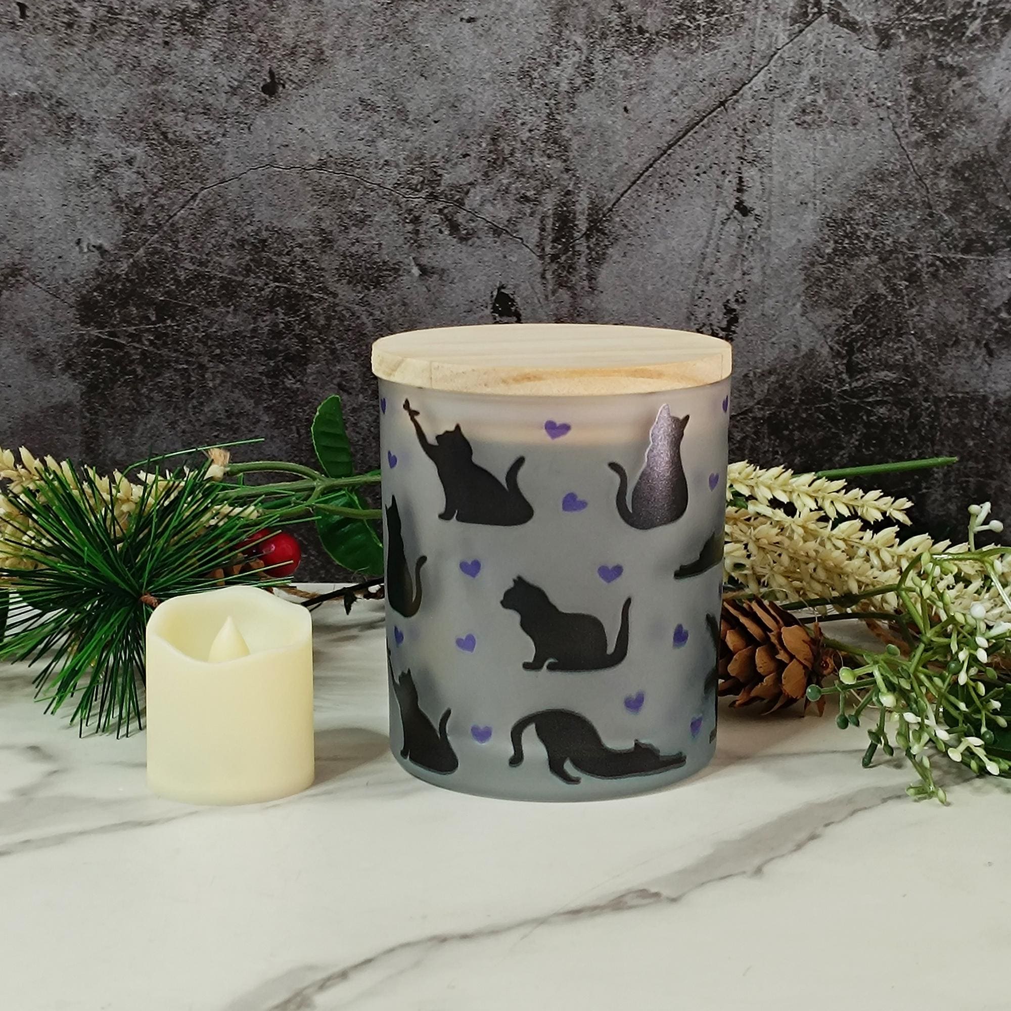 Cat Silhouette Frosted Glass Night Light | Bamboo Lid Tea Lamp | Flameless Tea Light Candles | Pet Lover's Decor Home Decor