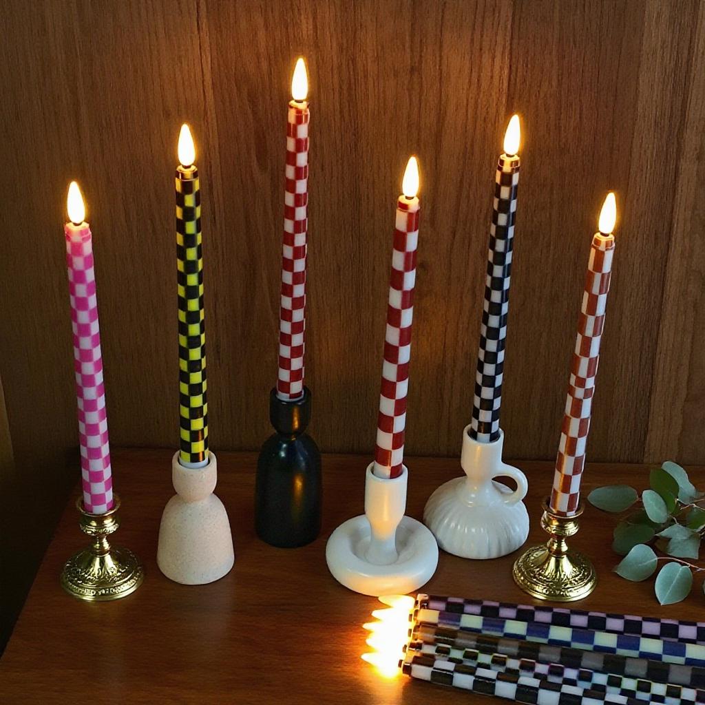 Checkerboard LED Taper Candles,Battery Timer Candles Colorful Candle stick,Flameless Home Decor Dinner Birthday Gift