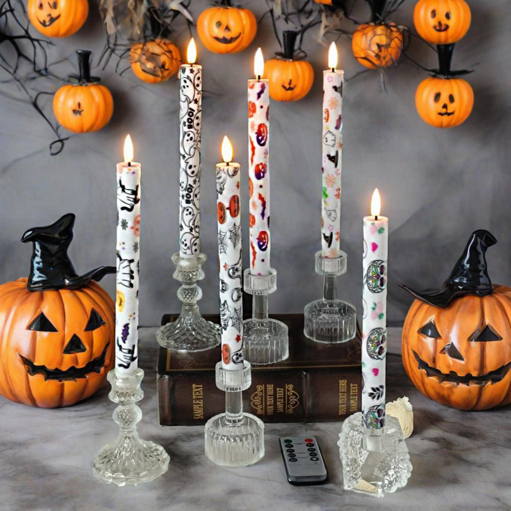 9" Halloween Flameless LED Taper Candles Set of 6, Battery Timer Candles Pumpkin Candlestick Halloween Party Decor Birthday Gift