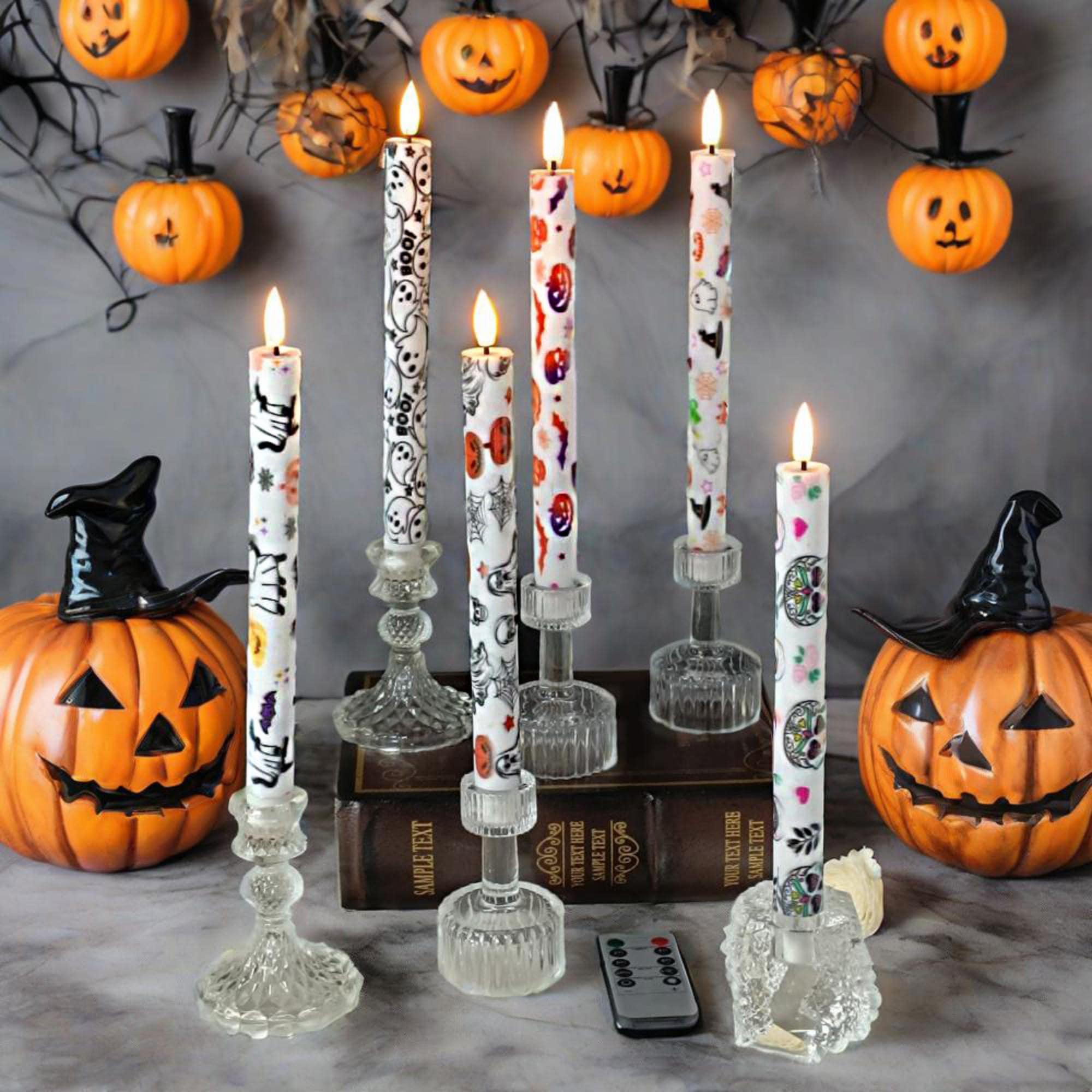 9" Halloween Flameless LED Taper Candles Set of 6, Battery Timer Candles Pumpkin Candlestick Halloween Party Decor Birthday Gift
