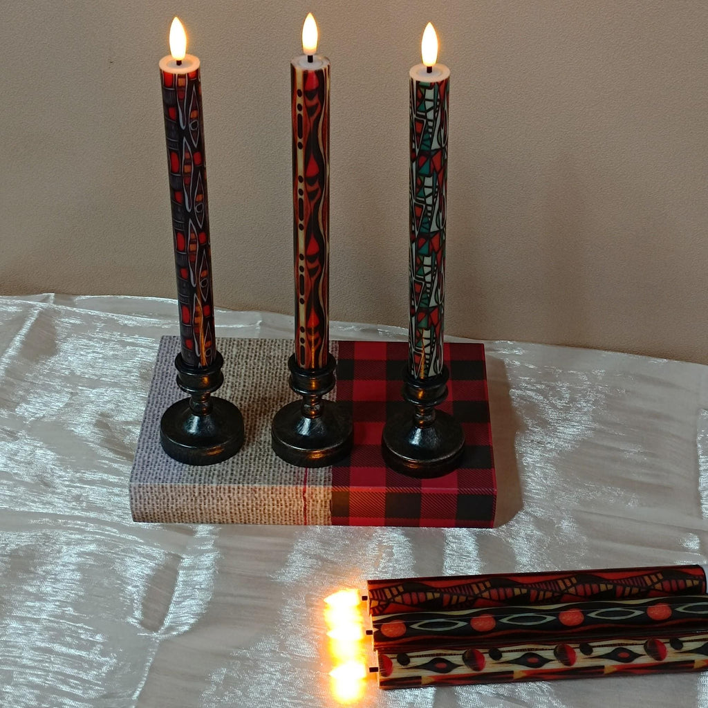 African Abstract Geometric Pattern Taper Candles,10” Remote Control,LED Light with Timer,Art Home Decor