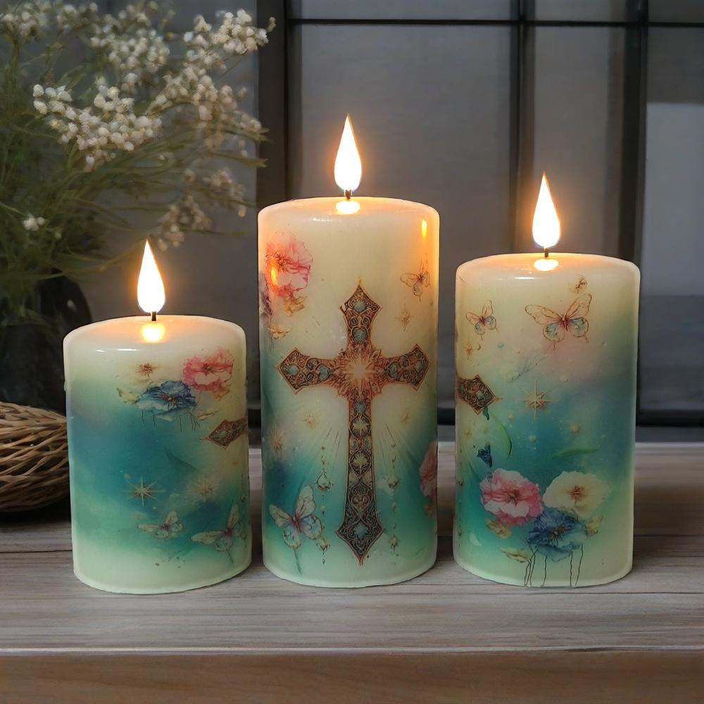 Christian Flameless LED Candle Set of 3, Real Wax, Remote & Timer Battery Powered Pillar Religious Candles Safe Home Decor