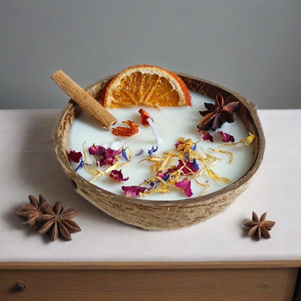 Coconut Shell Bowl Candle, 3 wick cotton Candle, Handmade Orange Scented Soy Wax Candle Home Decor Anniversary Birthday Housewarming gift