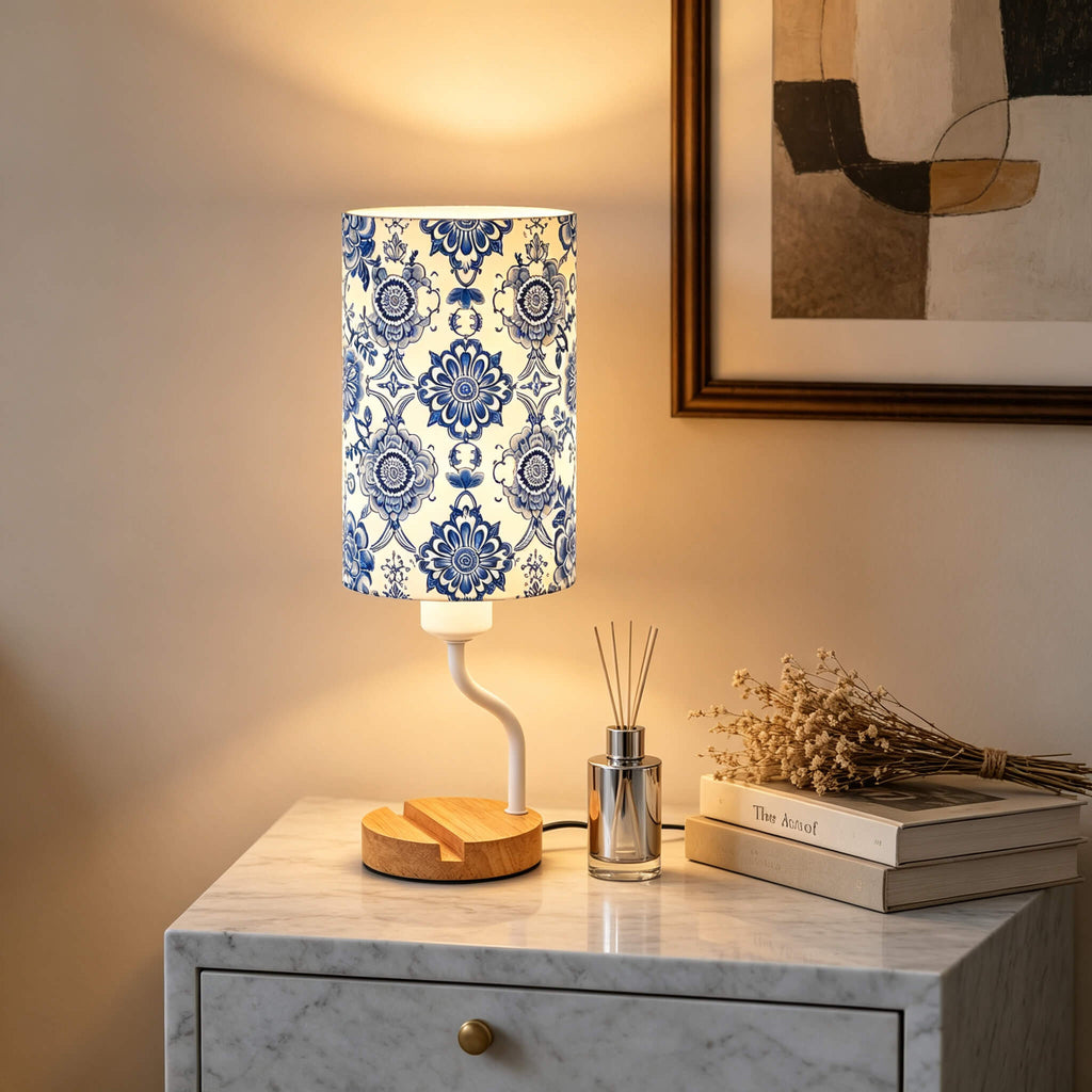 Blue & White Porcelain PLA Eco-Friendly Table Lamp 🎐 3-Button Dimmable Bedside Lamp with Phone Stand, Oriental Floral Home Decor Gift
