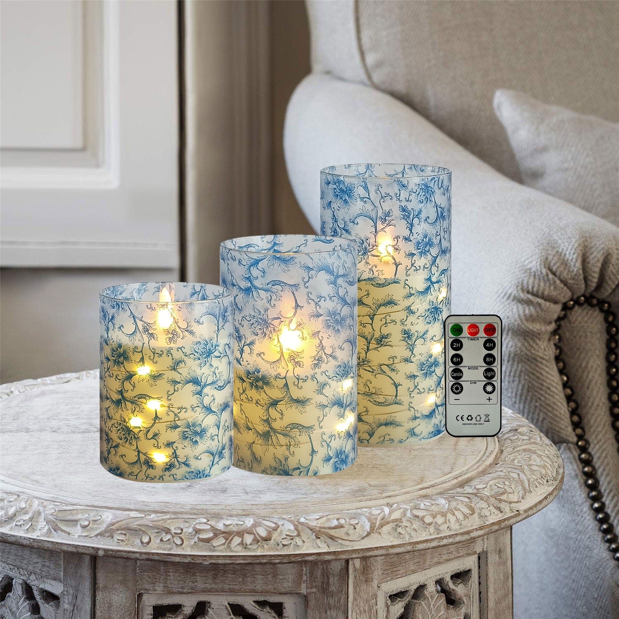 Blue Flower Flameless Candles,LED Pillar Candlestick,Remote LED Candle Sticks,Home Decor,Valentine's Day with Remote and Timer