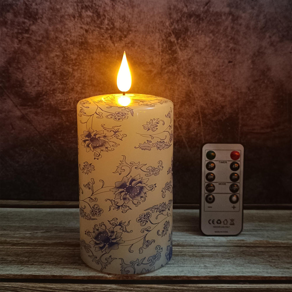 Blue And White Floral Printed Flameless Candles,Led Taper Candles,Flickering Flameless Candles,Battery Operated Candles,Housewarming Gift