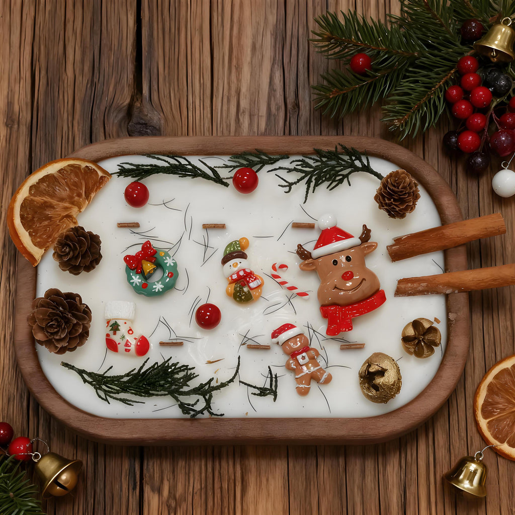 Christmas Dough Bowl Candle, Santa/Reindeer/Snowman Orange Cinnamon Scented Candle, 6 Wood Wick Handmade Candle, Holiday Housewarming Gift