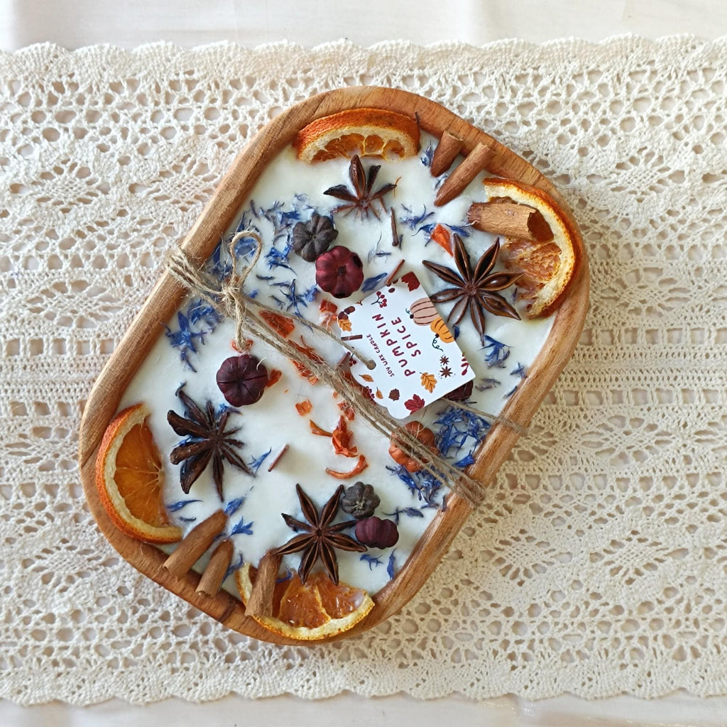 Spice-Decorated Wooden Dough Bowl Scented Candle,3 Wick Container Candle, Three Scents, Autumn Home Decor Christmas Gift