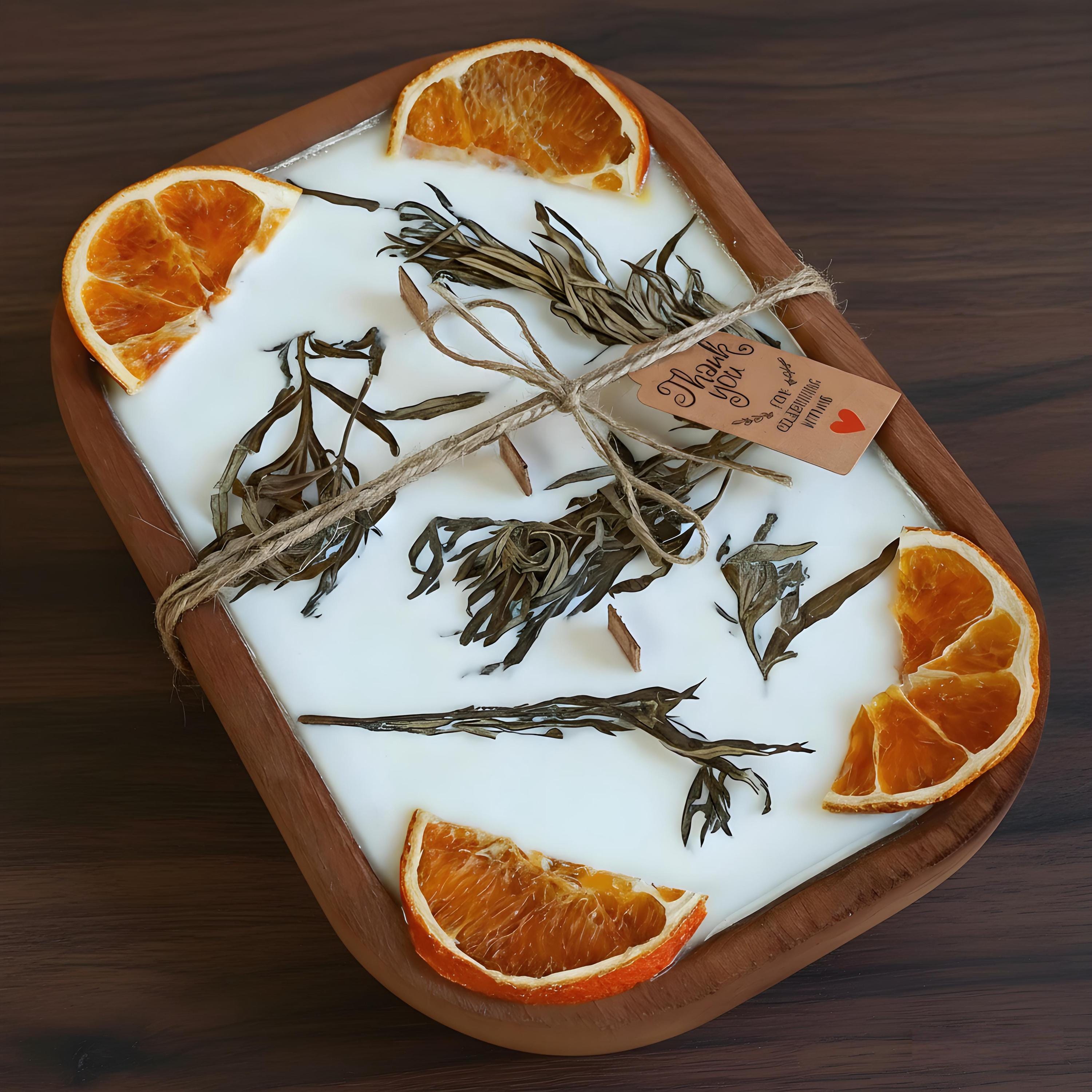 Mugwort Orange Dough Bowl Candle | 3-Wick Soy Wax Candle in Reclaimed Wood | Herbaceous Citrus Scent Home Decor | Housewarming Gift