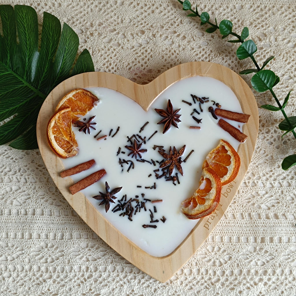 Orange Cinnamon Soy Candle in Heart Dough Bowl - Handmade Home Decor