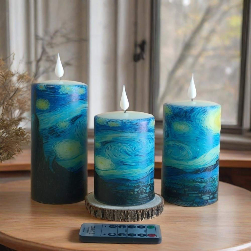 Van Gogh Starry Night Flameless Candles Set of 3,Real Wax Remote Control&Timer LED Candle,Battery Operated Pillar Candles for Christmas Gift