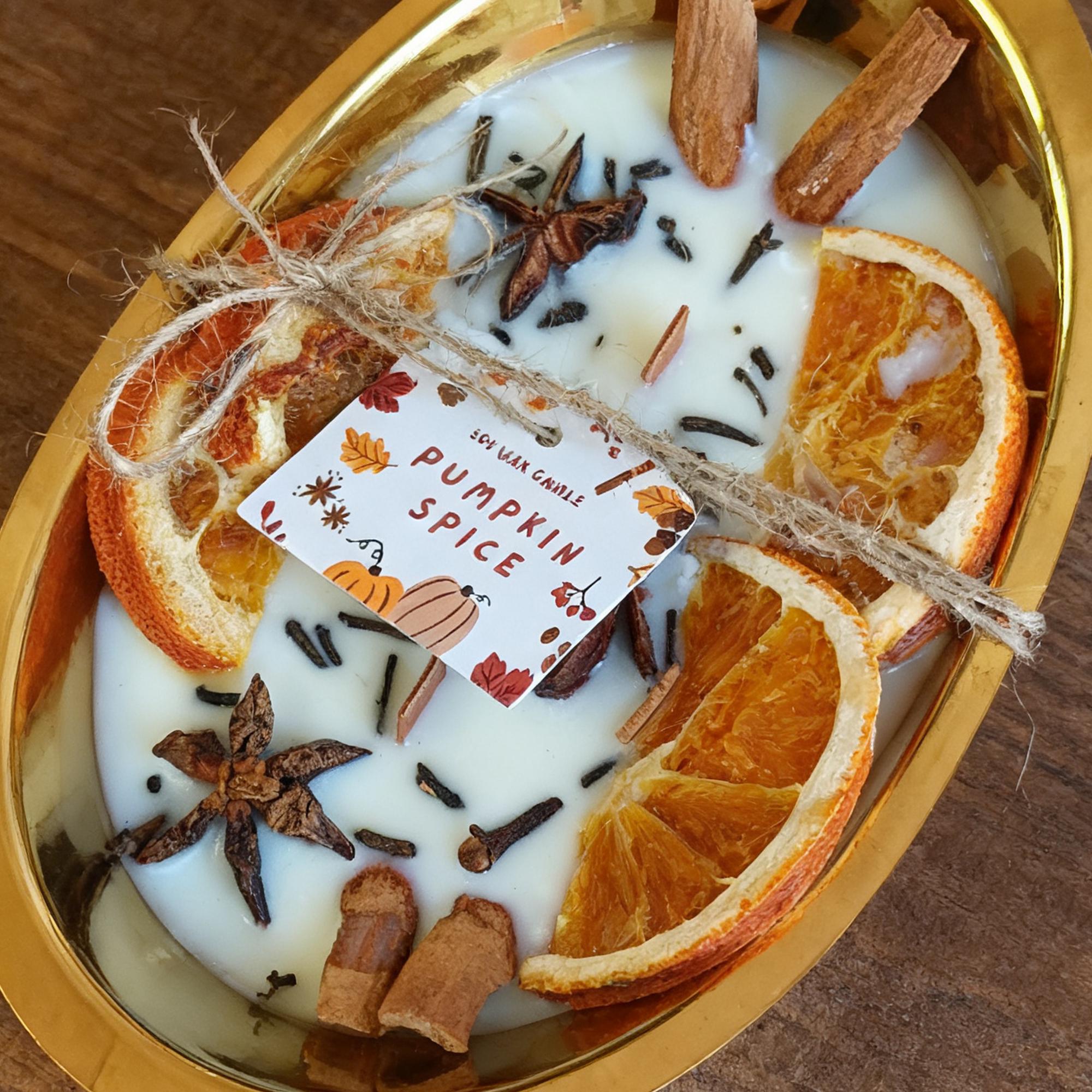 Orange Cinnamon Pumpkin Soy Candle, 3 Wood Wick Candle in Gold Tray, Handmade Halloween & Autumn Scent, Thanksgiving, Cozy Home Gift
