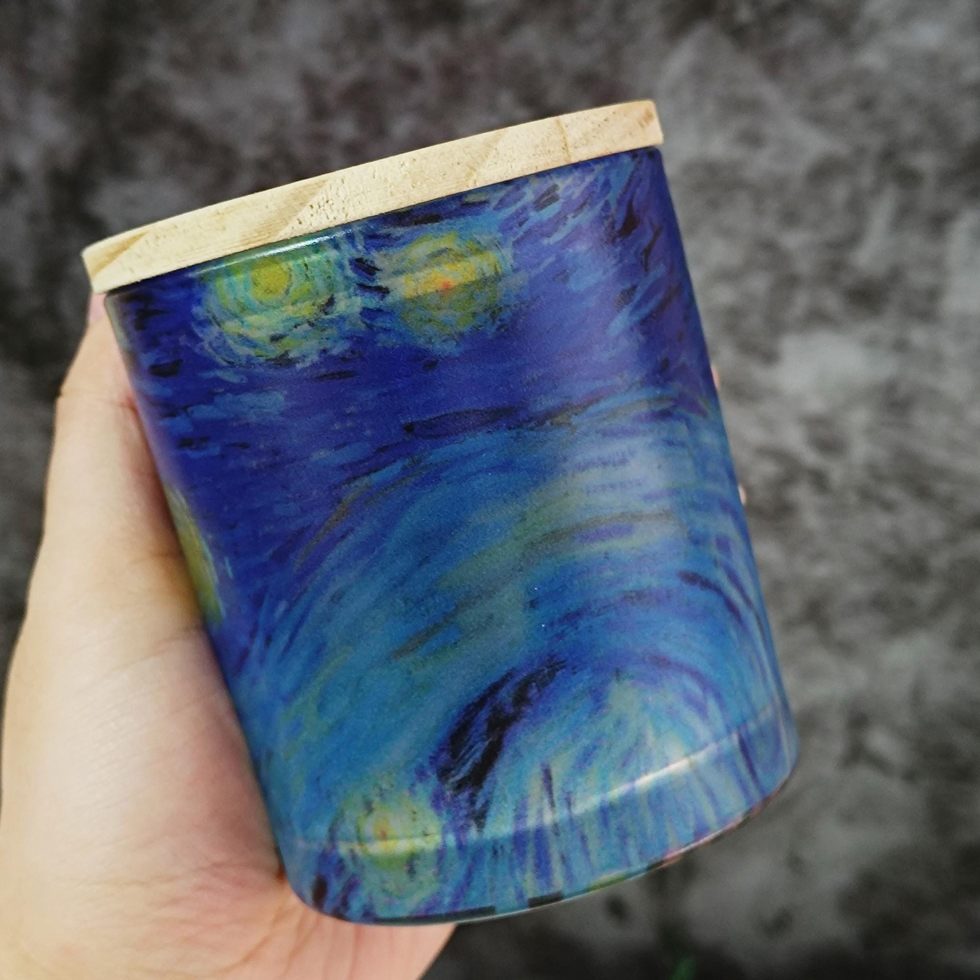 Van Gogh Starry Night Bamboo Lid Lamp | Swirling Sky Night Light | Artistic Decorative Candle Light Home Decor