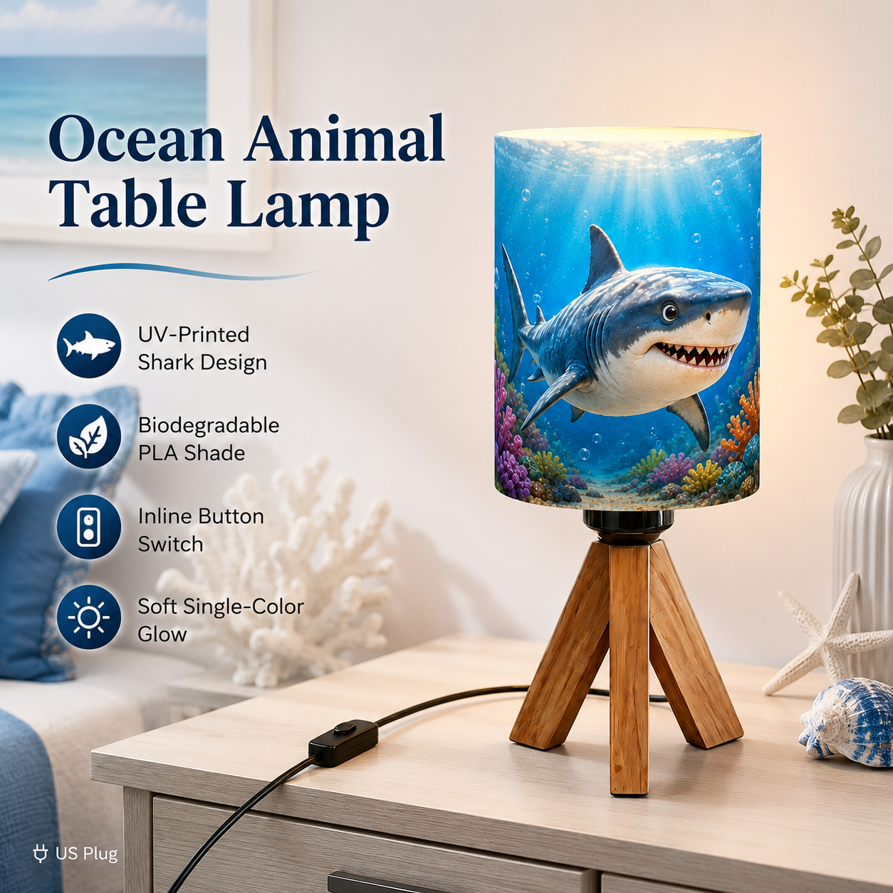 Ocean Shark Tripod PLA Eco‑Friendly Dimmable Table Lamp🌊 3‑Button Control Bedside Lamp, Marine Animal Home Decor Gift