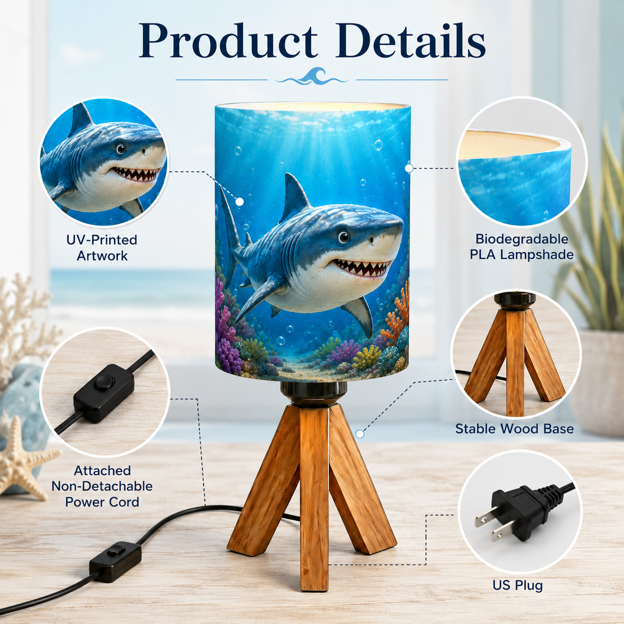 Ocean Shark Tripod PLA Eco‑Friendly Dimmable Table Lamp🌊 3‑Button Control Bedside Lamp, Marine Animal Home Decor Gift