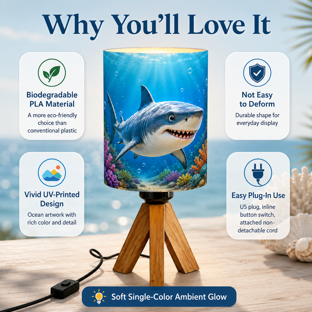 Ocean Shark Tripod PLA Eco‑Friendly Dimmable Table Lamp🌊 3‑Button Control Bedside Lamp, Marine Animal Home Decor Gift