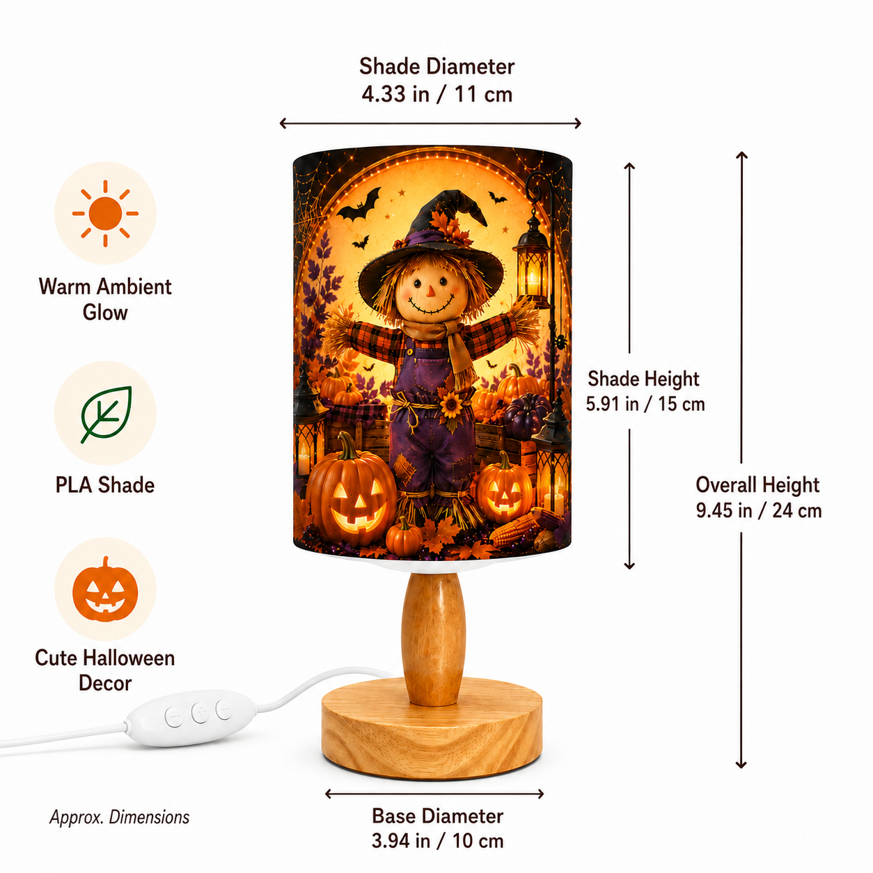 Cute Halloween Scarecrow PLA Eco‑Friendly Dimmable Table Lamp 👻 Button Control Bedside Lamp, Fall Pumpkin Seasonal Home Decor Gift
