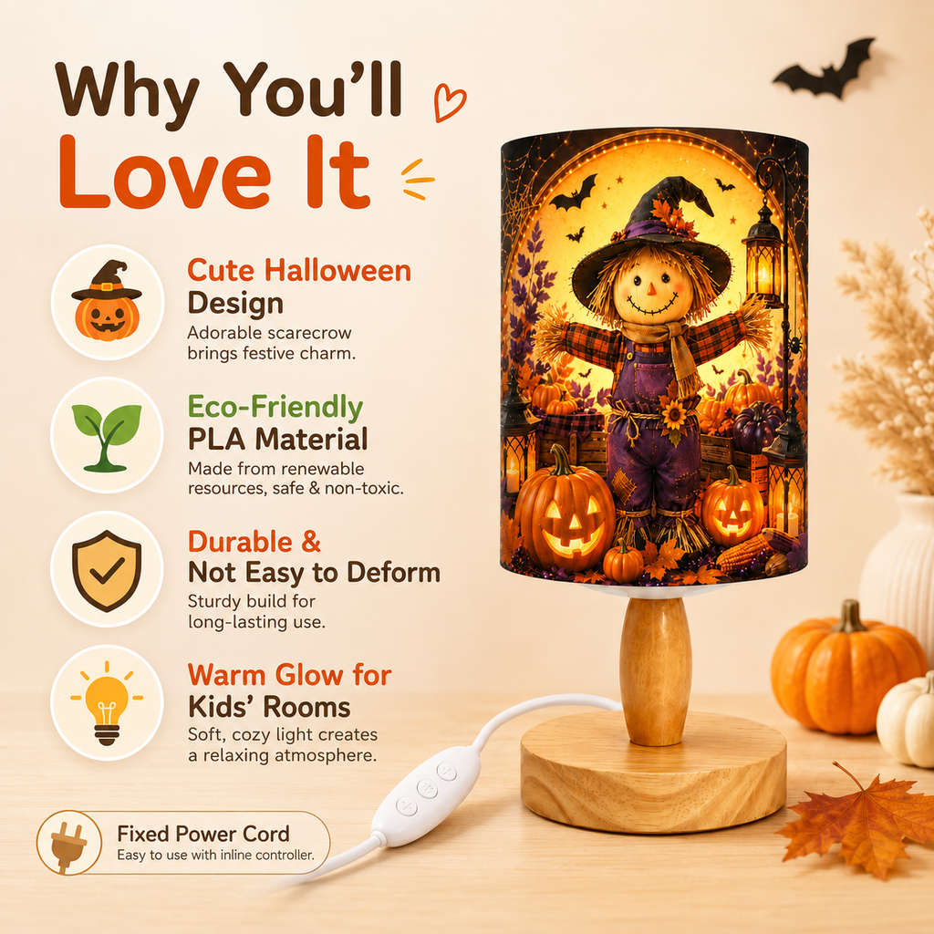 Cute Halloween Scarecrow PLA Eco‑Friendly Dimmable Table Lamp 👻 Button Control Bedside Lamp, Fall Pumpkin Seasonal Home Decor Gift