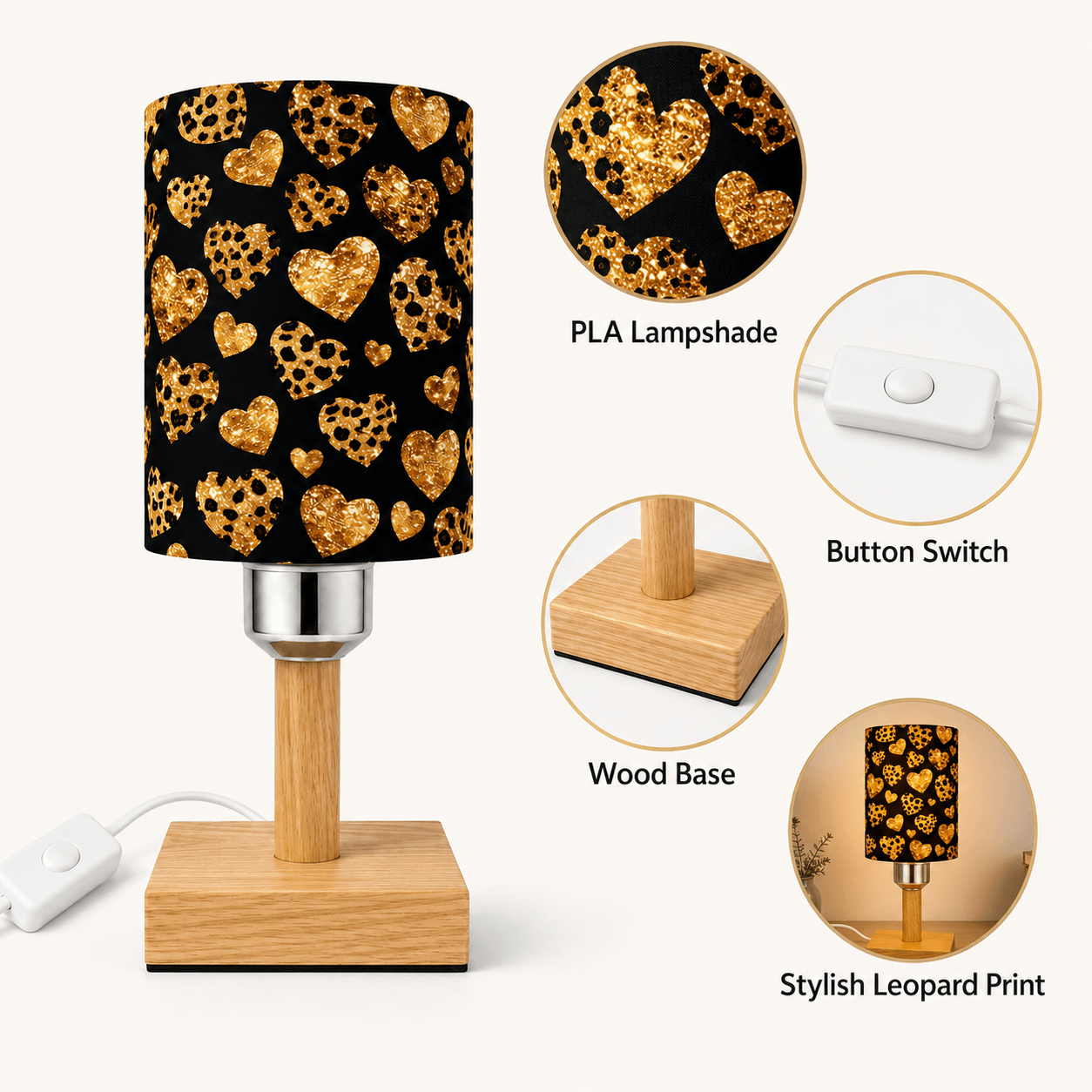 Leopard Heart PLA Eco‑Friendly Dimmable Table Lamp💛 3‑Button Control Bedside Lamp, Glam Fashion Home Decor Gift