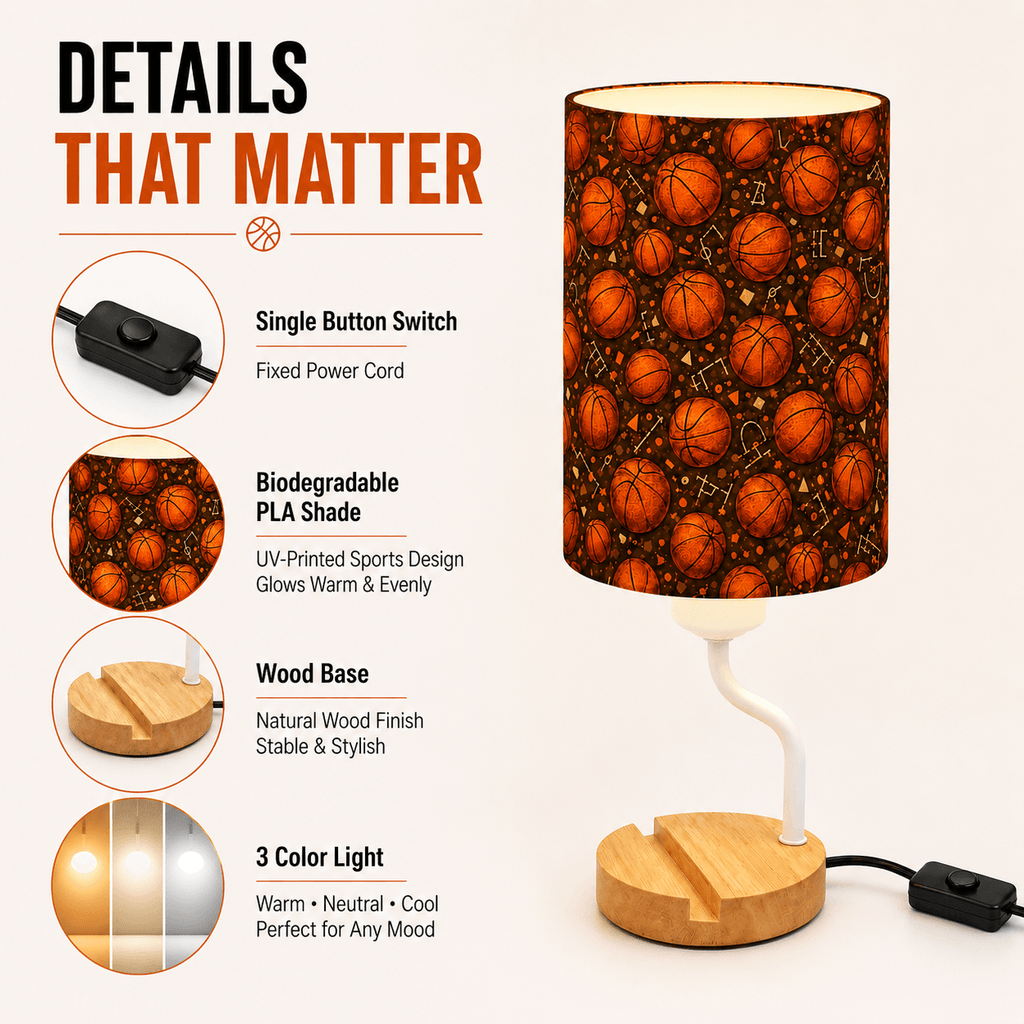 Basketball PLA Eco‑Friendly Dimmable Table Lamp📱 3‑Button Control Bedside Lamp with Phone Stand, Sports Home Decor Gift