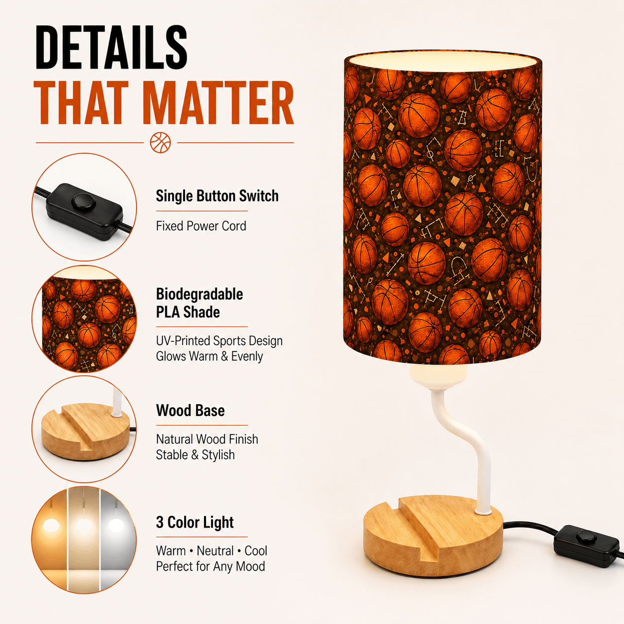 Basketball PLA Eco‑Friendly Dimmable Table Lamp📱 3‑Button Control Bedside Lamp with Phone Stand, Sports Home Decor Gift
